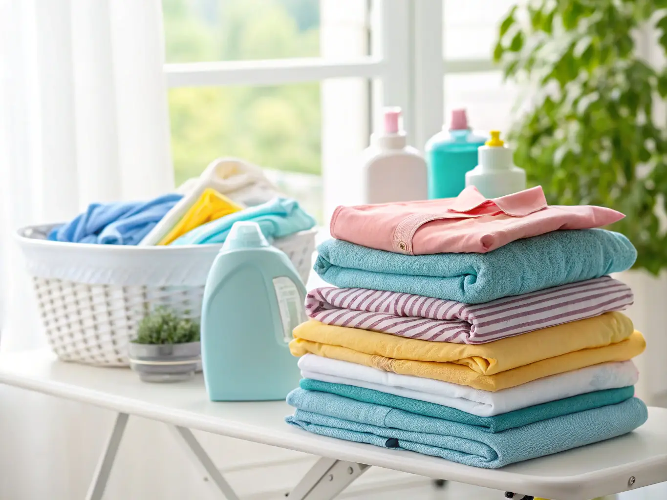 A close-up shot of neatly folded laundry in a bright, organized laundry room, emphasizing the convenience and care of laundry services.