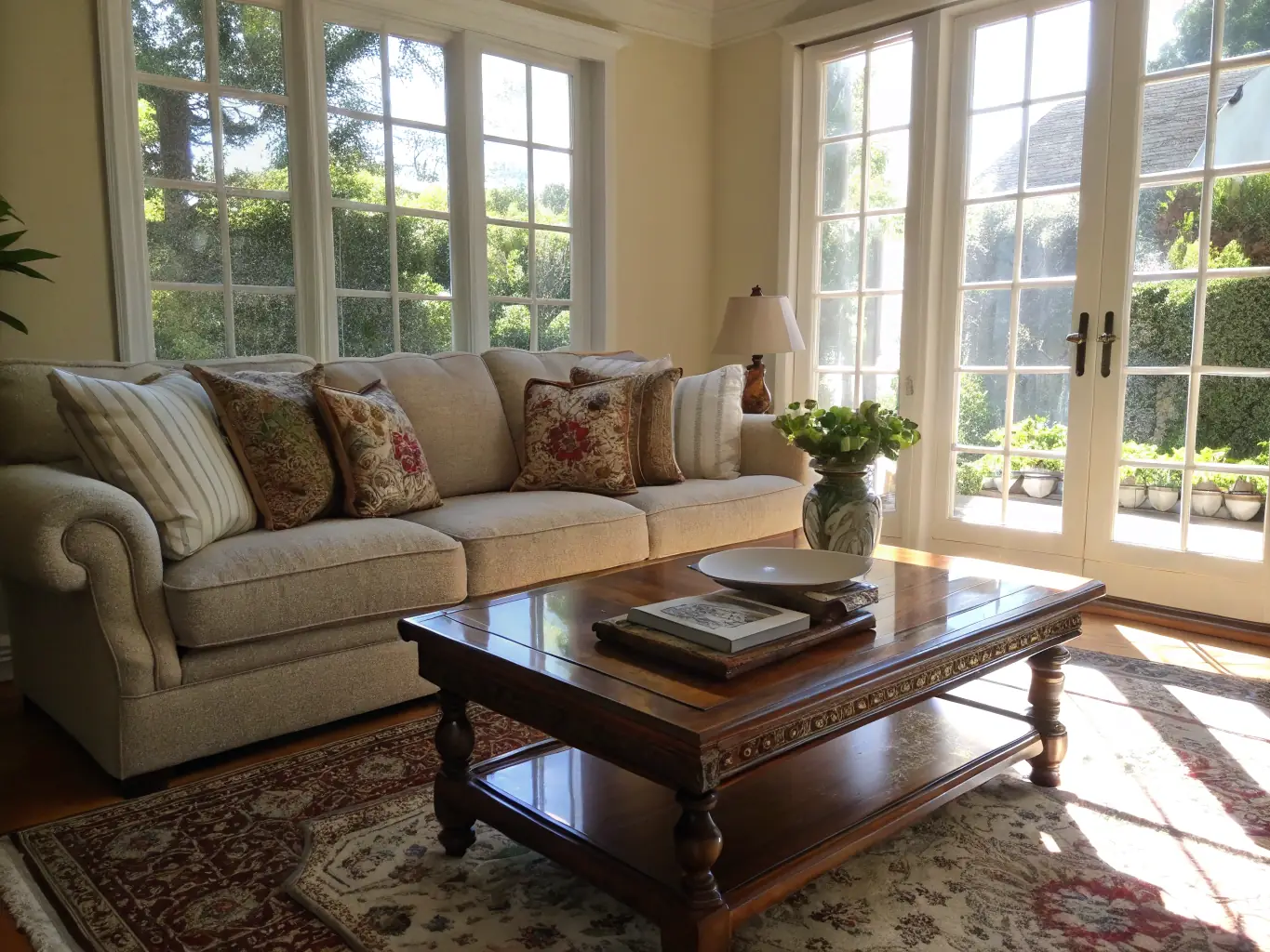 A brightly lit living room with a sparkling clean floor, showcasing the results of a professional deep cleaning service. The room is tidy and inviting, with sunlight streaming through the windows.