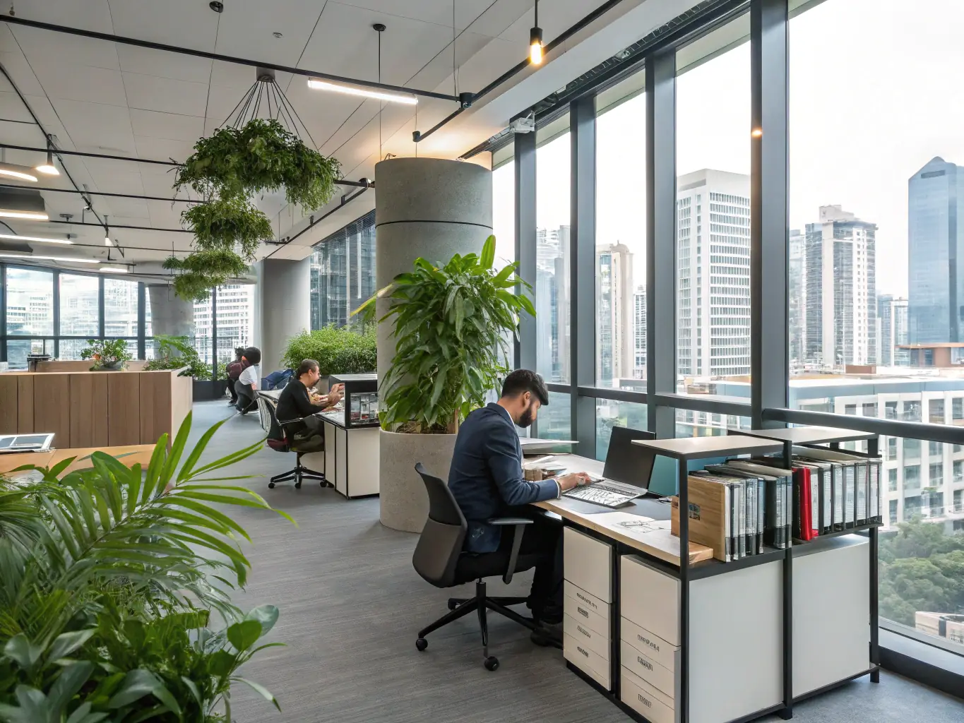A modern office space with employees working at clean desks, highlighting the efficiency and professionalism of commercial cleaning services.